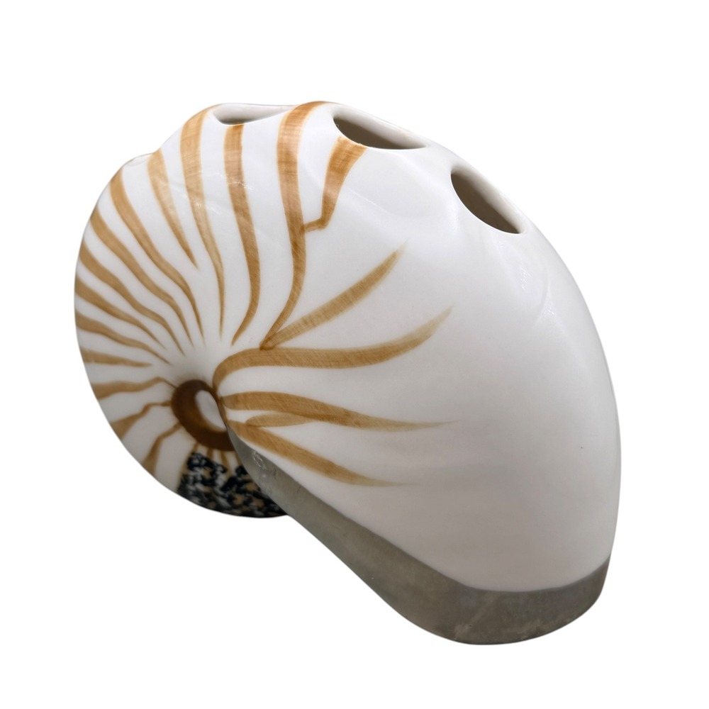 Springmaid Ceramic Nautilus Shell Vase Multi Opening Coastal Decor White Brown
